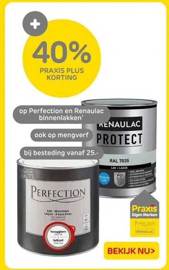40% PRAKIS PLUS KORTING op Perfection en Renau lac binnenlakken