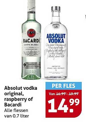 Absolut vodka original, raspberry of Bacardi