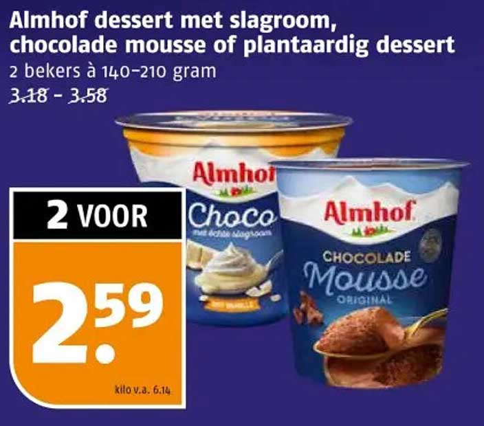 Almhof dessert met slagroom, chocolade mousse of plantaardig dessert