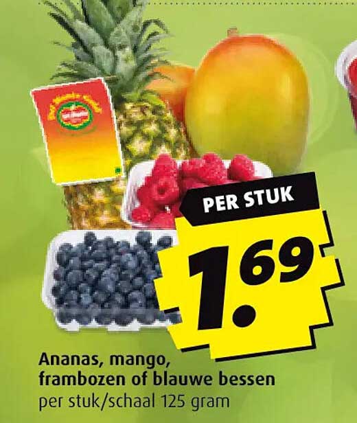 Ananas, mango, frambozen of blauwe bessen per stuk/schaal 125 gram