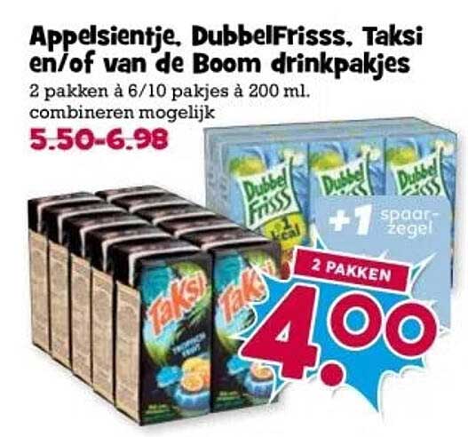 Appelsientje, DubbelFrisss, Taksi en/of van de Boom drinkpakjes