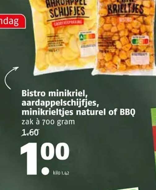 Bistro minikriel, aardappelschijfjes, minikrieltjes naturel of BBQ zak à 700 gram