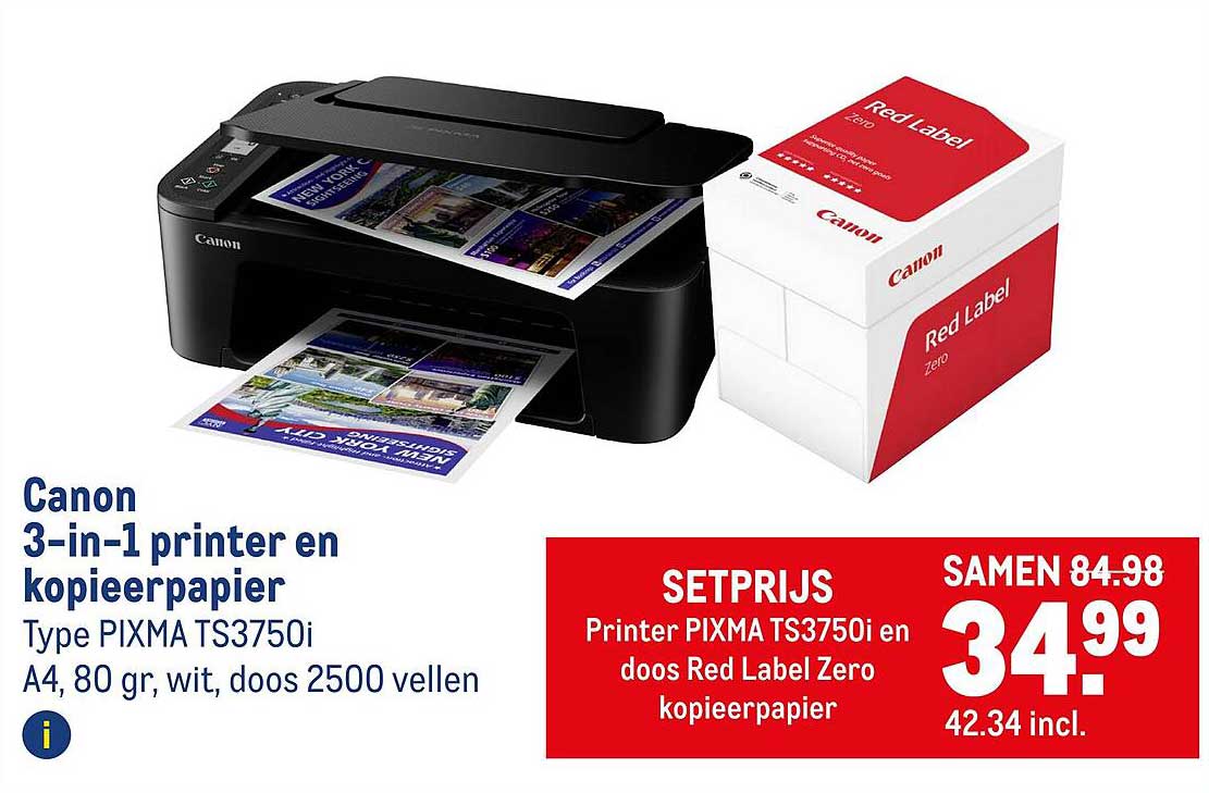 Canon 3-in-1 printer en kopiepapier Type PIXMA TS3750i A4, 80 gr, wit, doos 2500 vellen