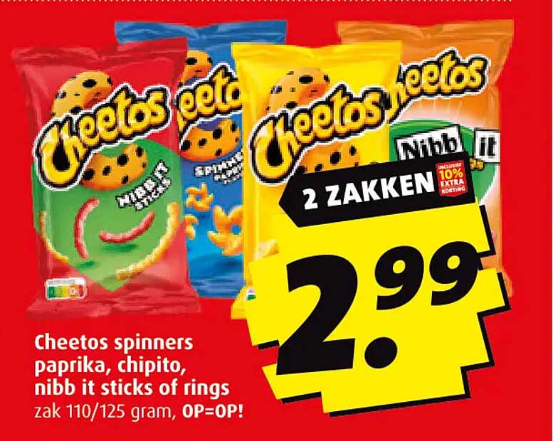 Cheetos spinners paprika, chipito, nibb it sticks of rings zak 110/125 gram, OP=OP!