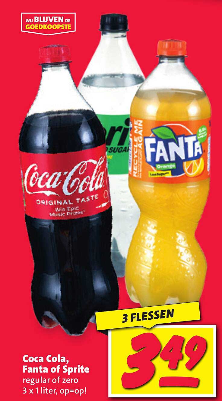 Coca Cola, Fanta of Sprite regular of zero 3 x 1 liter, op=op!