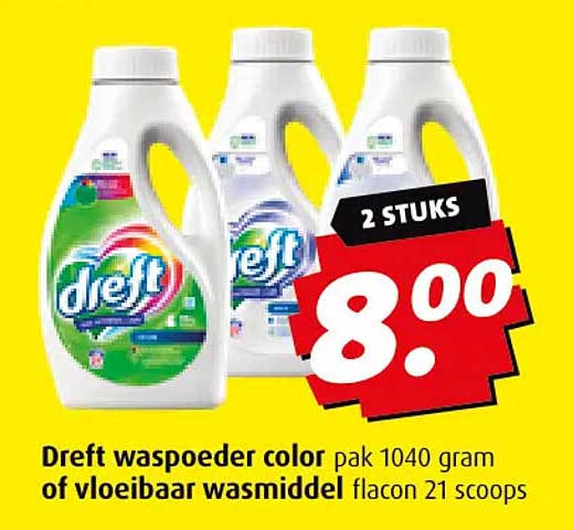 Dreft waspoeder color pak 1040 gram of vloeibaar wasmiddel flacon 21 scoops