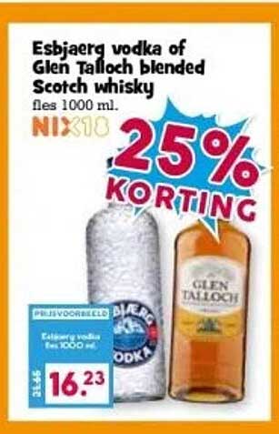 Esbjaerg vodka of Glen Talloch blended Scotch whisky fles 1000 ml.
