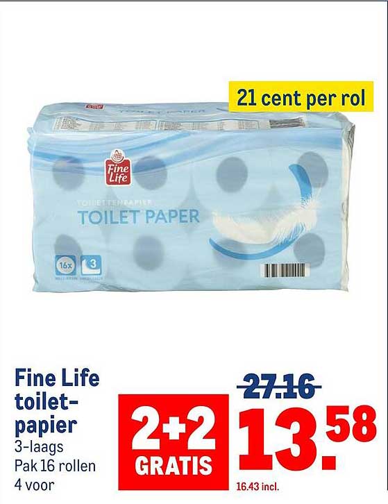 Fine Life toilet-papier 3-laags Pak 16 rollen 4 voor