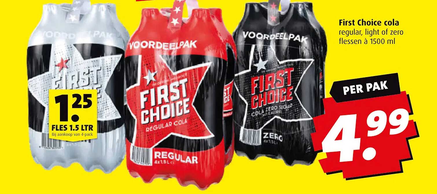 First Choice cola regular, light of zero flessen à 1500 ml