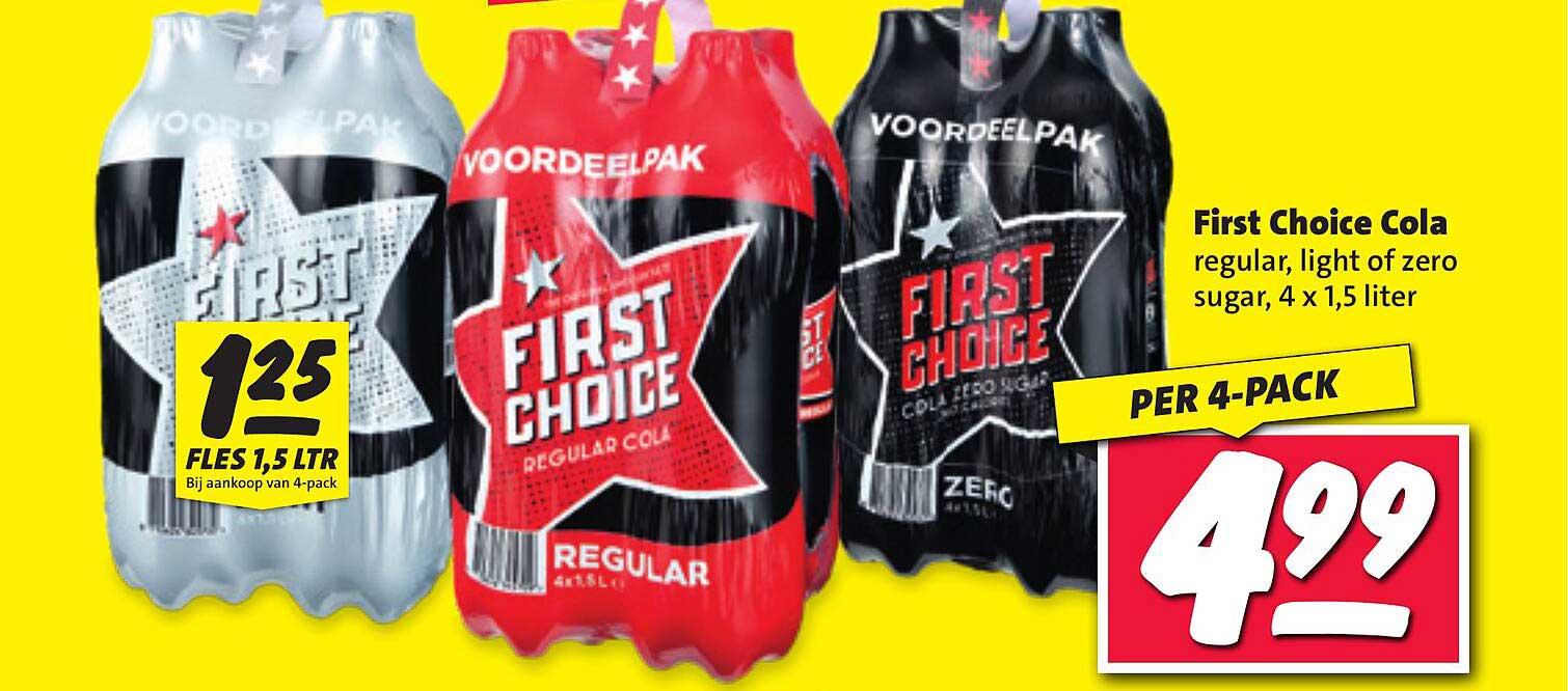 First Choice Cola regular, light of zero sugar, 4 x 1,5 liter