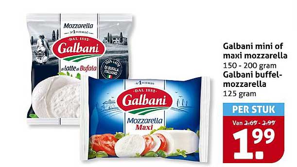 Galbani mini of maxi mozzarella 150 - 200 gram Galbani buffel-mozzarella 125 gram