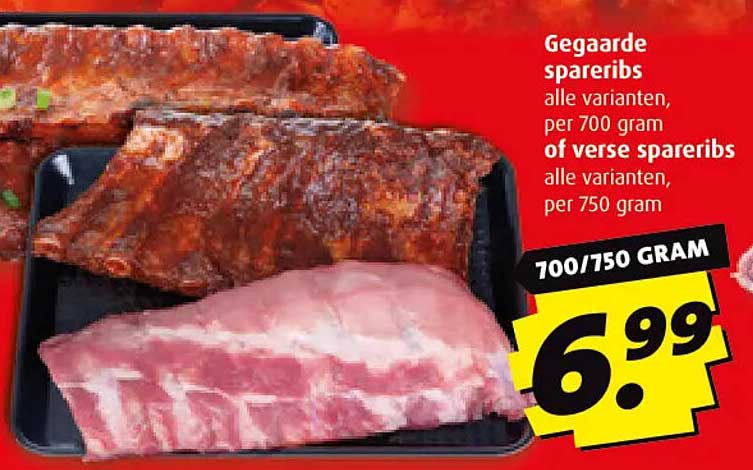 Gegaarde spareribs alle varianten, per 700 gram of verse spareribs alle varianten, per 750 gram