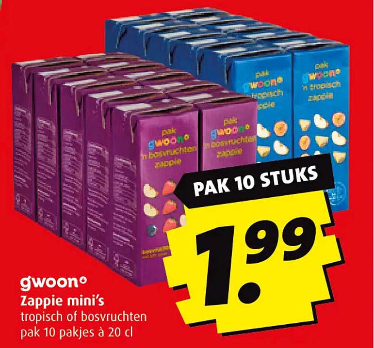 gwoon Zappie mini's tropisch of bosvruchten pak 10 pakjes à 20 cl