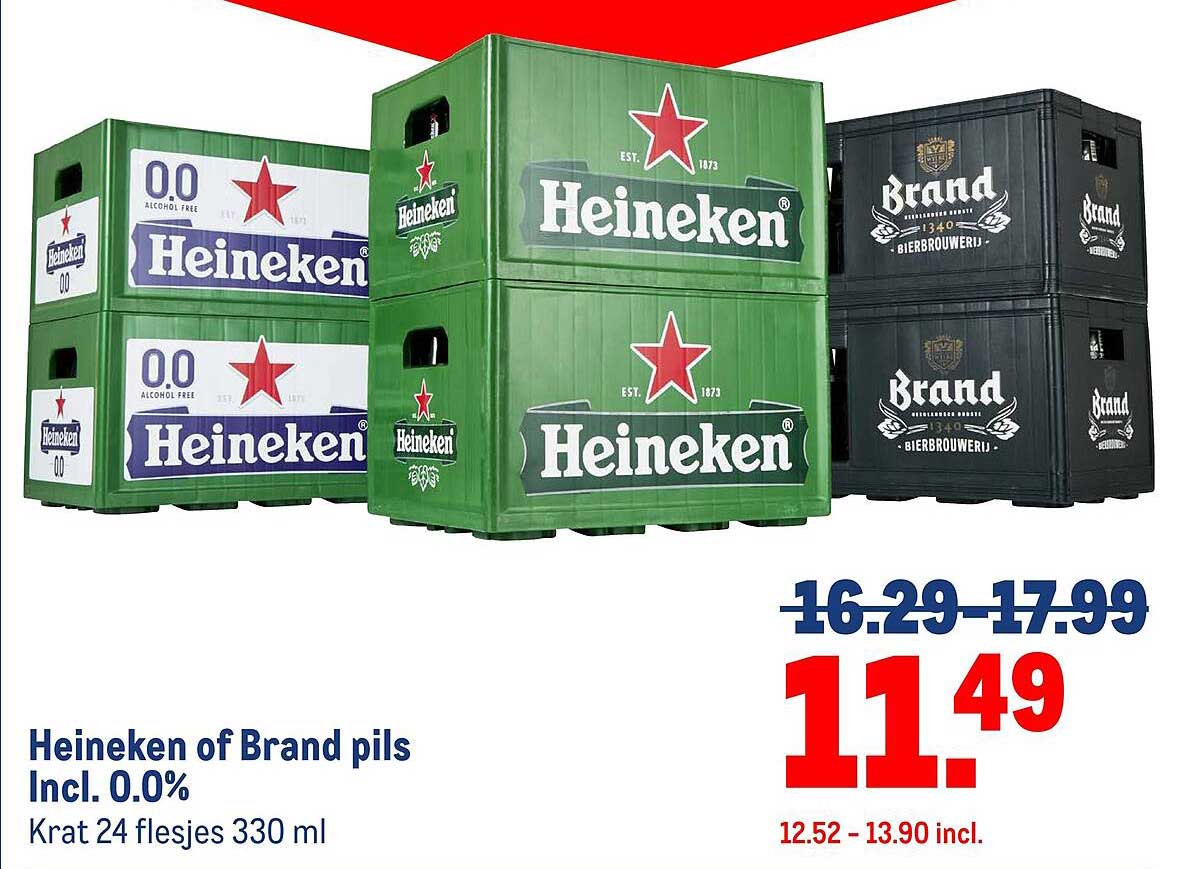 Heineken of Brand pils Incl. 0.0% Krat 24 flesjes 330 ml