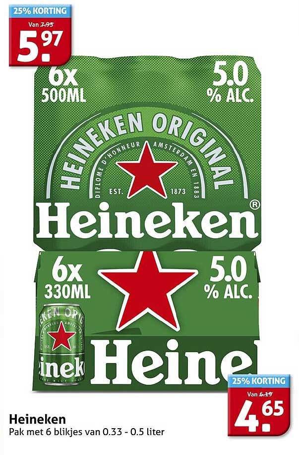 Heineken Pak met 6 blikjes van 0.33 - 0.5 liter