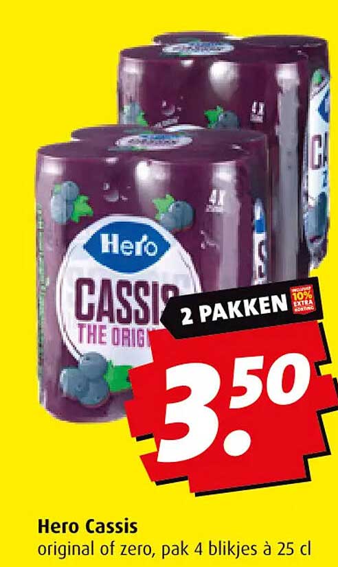 Hero Cassis original of zero, pak 4 blijkjes à 25 cl