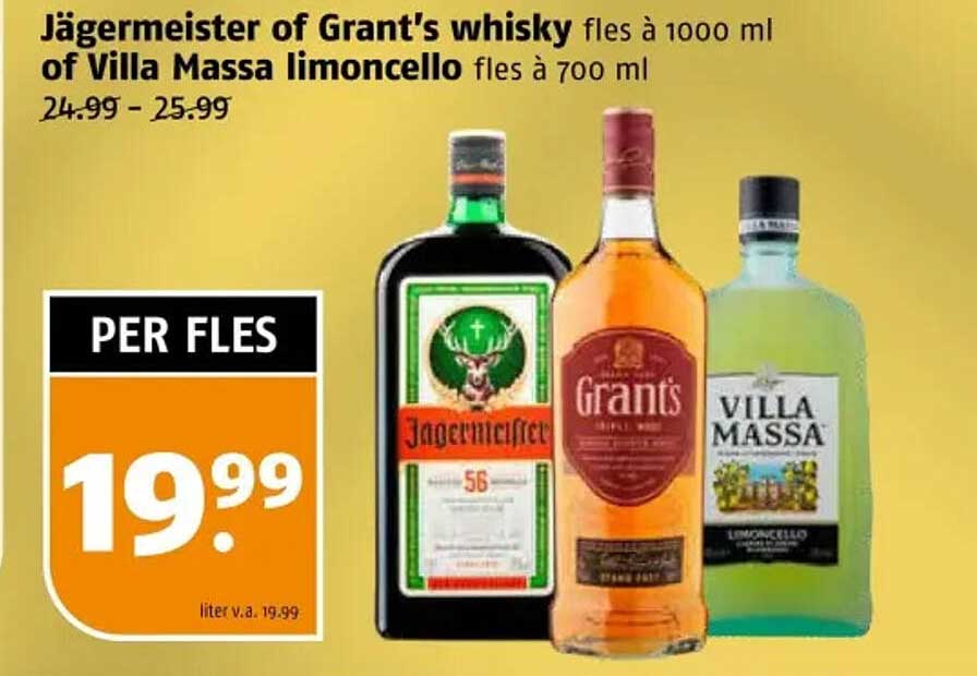 Jägermeister of Grant's whisky fles à 1000 ml of Villa Massa limoncello fles à 700 ml