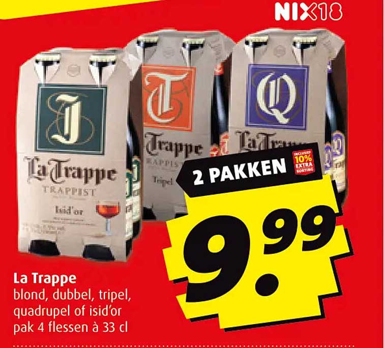 La Trappe blond, dubbel, tripel, quadrupel of isid'or pak 4 flessen à 33 cl
