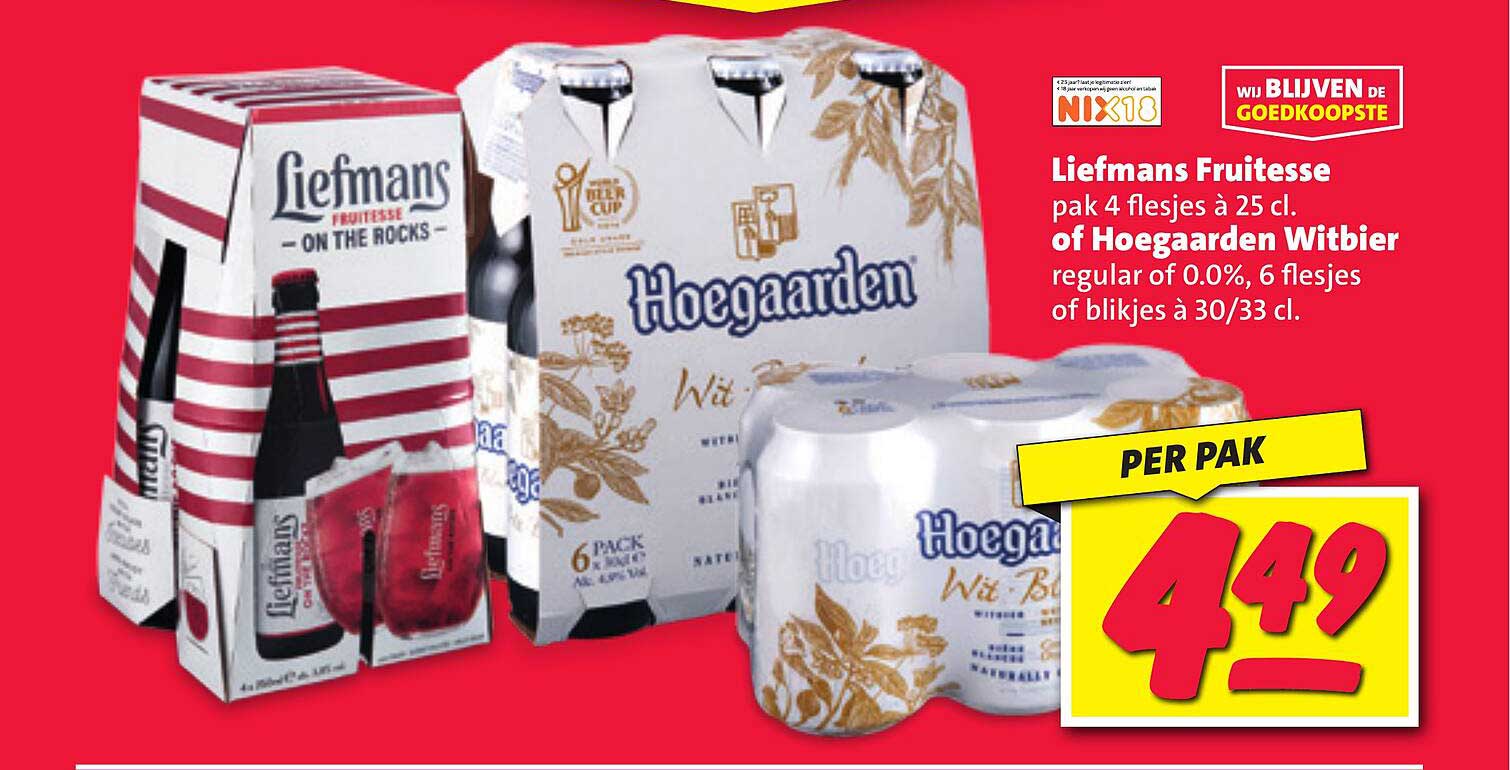 Liefmans Fruitesse pak 4 flesjes à 25 cl. of Hoegaarden Witbier regular of 0.0%, 6 flesjes of blikjes à 30/33 cl.