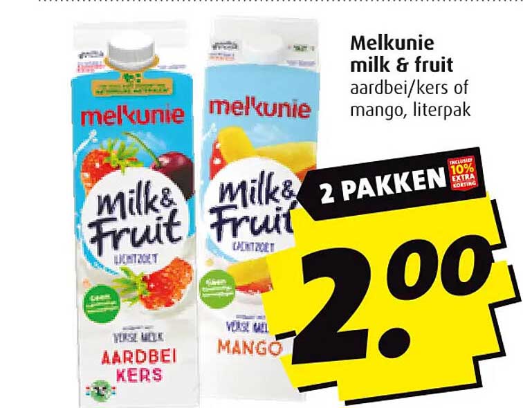 Melkunie milk & fruit aardbei/kers of mango, literpak