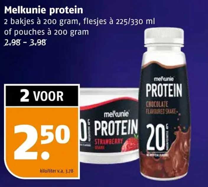 Melkunie protein 2 bakjes à 200 gram, flesjes à 225/330 ml of pouches à 200 gram