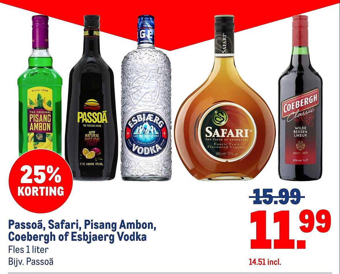 Passoã, Safari, Pisang Ambon, Coebergh of Esbjaerg Vodka - Fles 1 liter