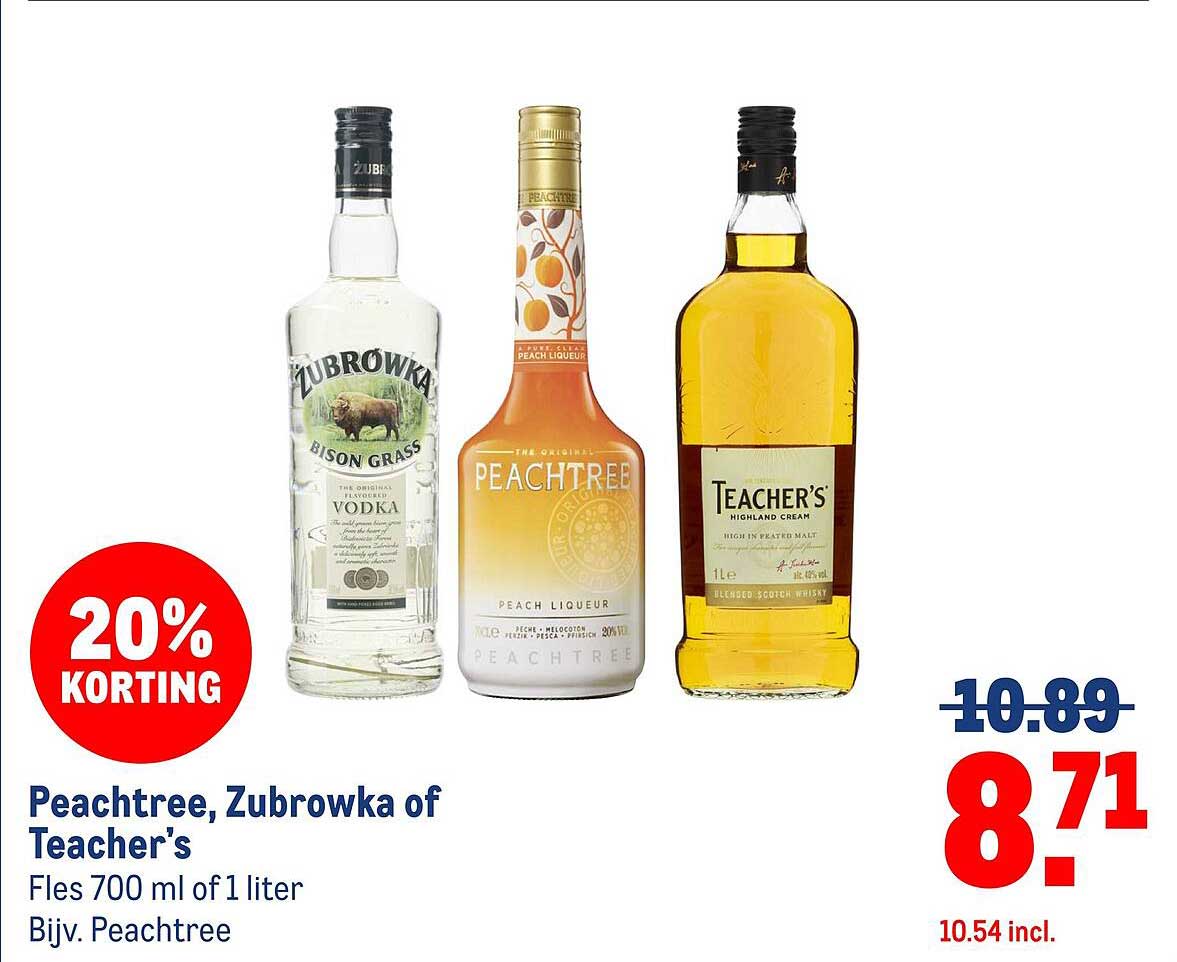 Peachtree, Zubrowka of Teacher's - Fles 700 ml of 1 liter