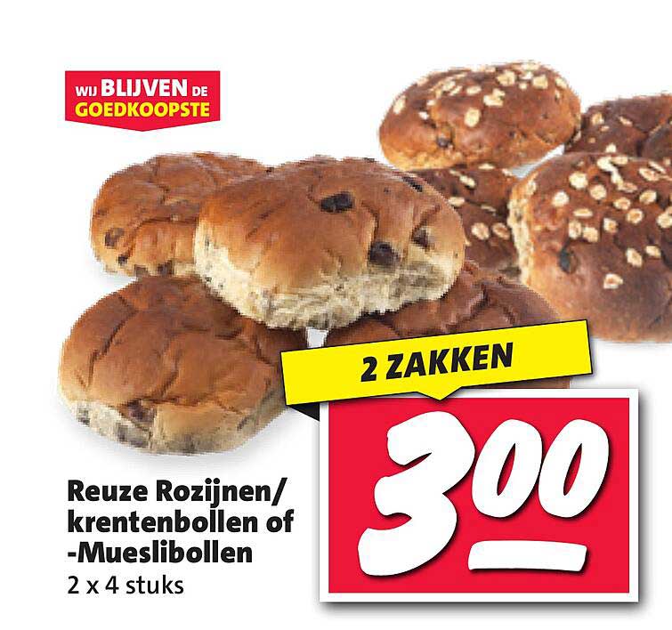 Reuze Rozijnen/kruidentbollen of -Mueslibollen 2 x 4 stuks
