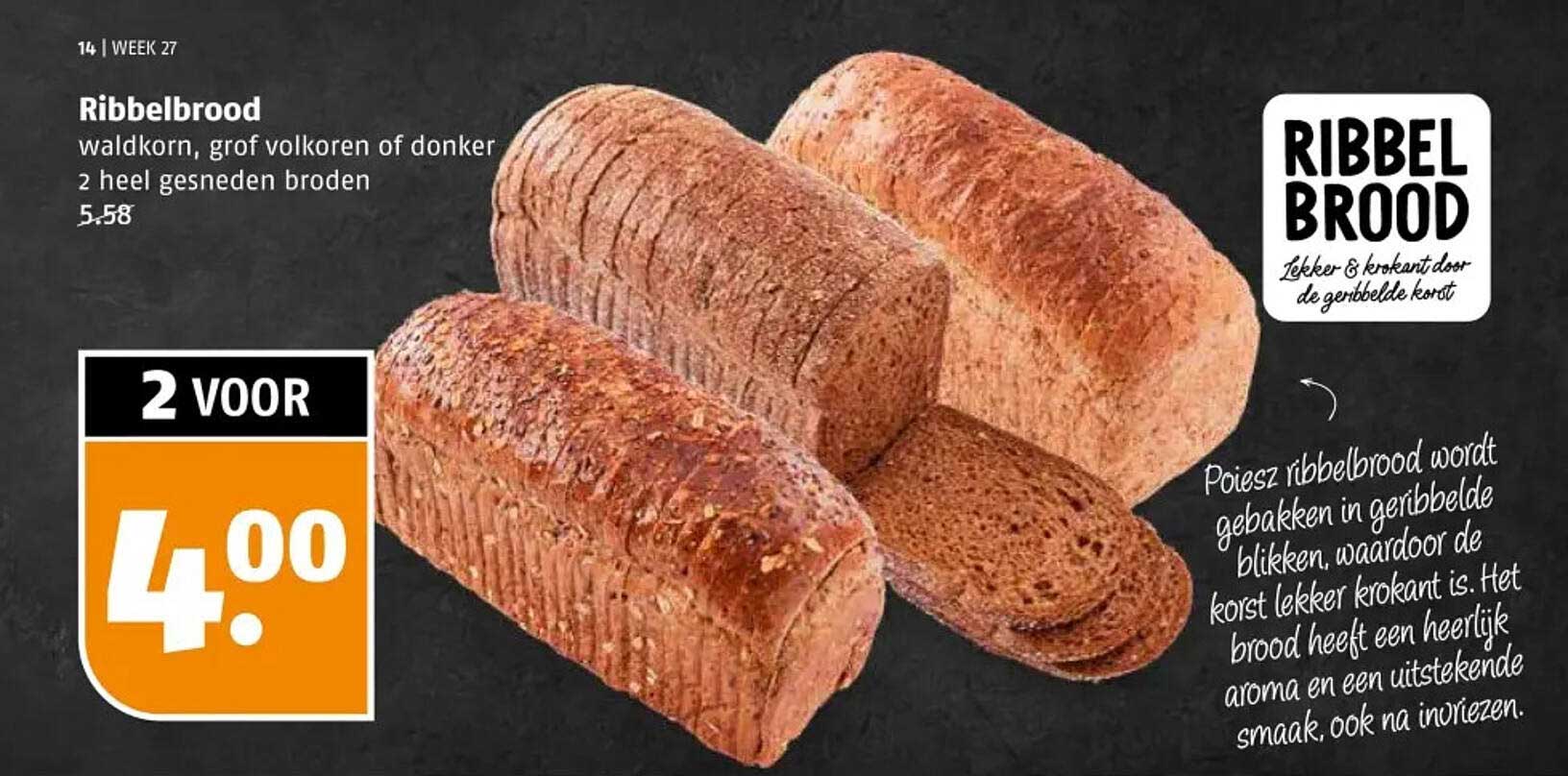 Ribbelbrood Waldkorn, grof volkoren of donker 2 heel gesneden broden
