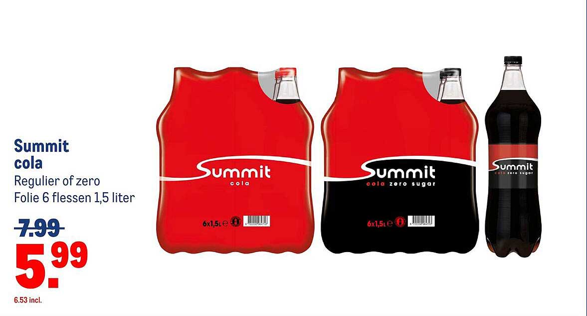 Summit cola Regulier of zero Folie 6 flessen 1,5 liter