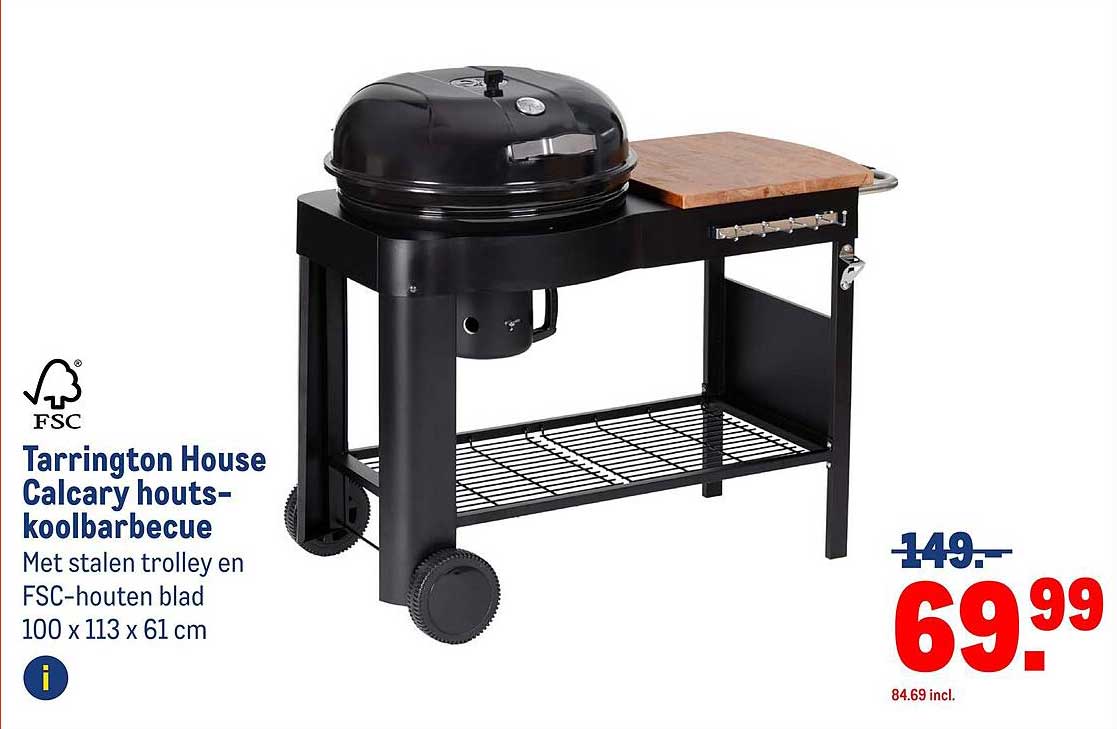 Tarrington House Calcarry houts-koolbarbecue met stalen trolley en FSC-houten blad