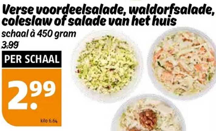 Verse voordeelensalade, waldorfsalade, coleslaw of salade van het huis