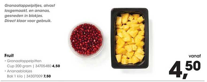 Granaatappelpitjes, alvast losgemaakt, en ananas, gesneden in blokjes.