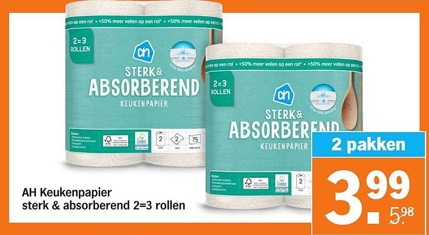AH Keukenpapier sterk & absorberend 2=3 rollen
