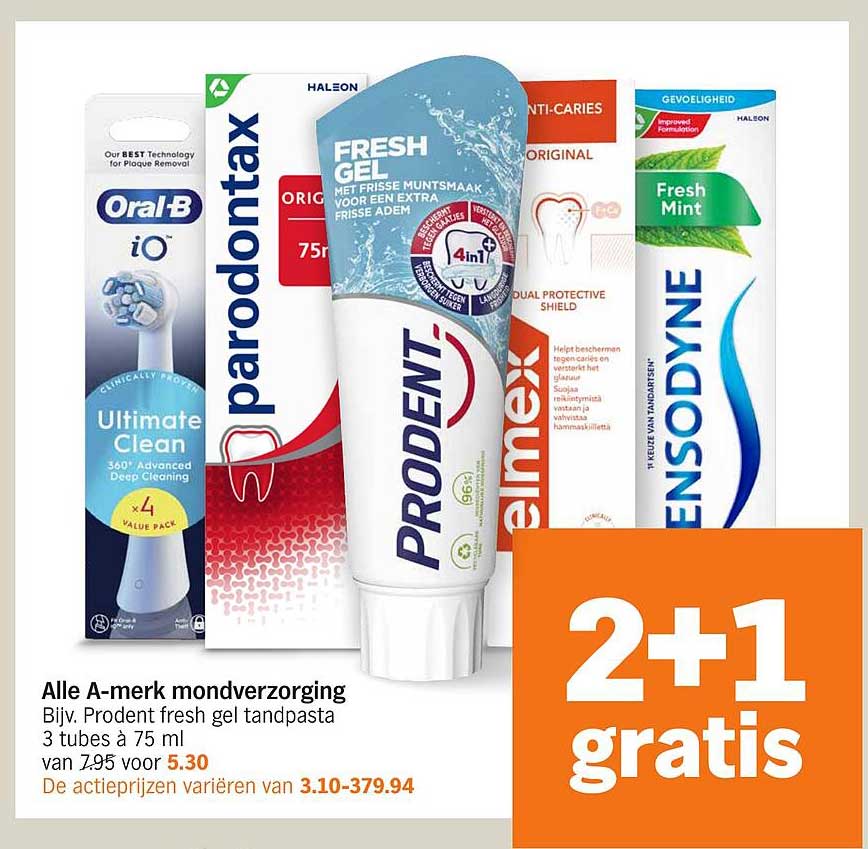 Alle A-merk mondverzorging Bijv. Prodent fresh gel tandpasta 3 tubes à 75 ml van 7.95 voor 5.30