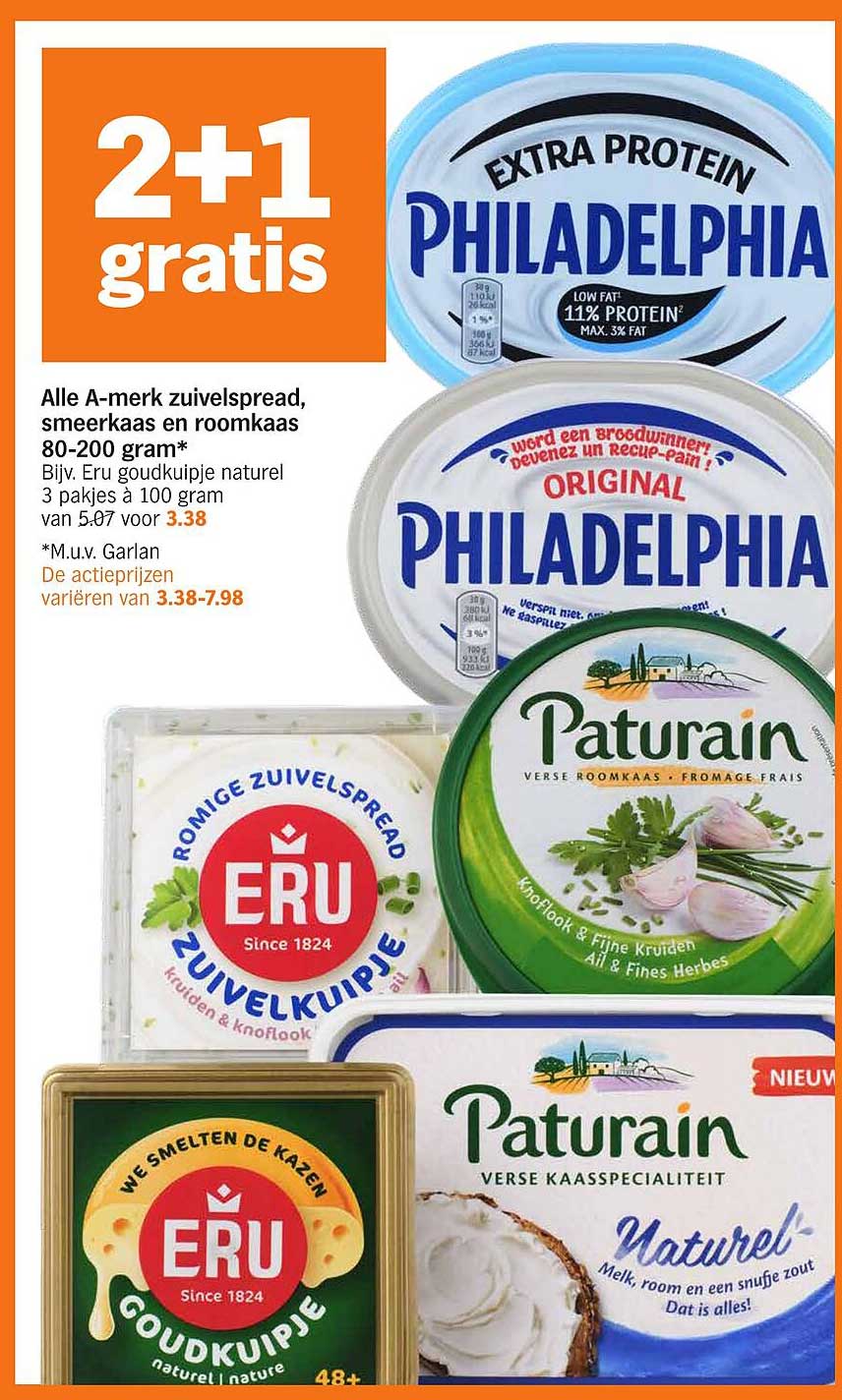 Alle A-merk zuivelspread, smeerkaas en roomkaas 80-200 gram*