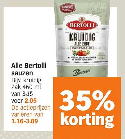 Alle Bertolli sauzen Bijv. kruidig Zak 460 ml van 3.15 voor 2.05