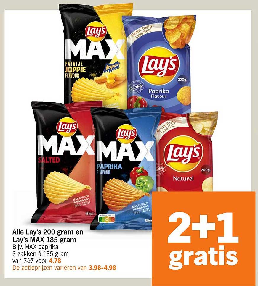 Alle Lay’s 200 gram en Lay’s MAX 185 gram Bijv. MAX paprika 3 zakken à 185 gram