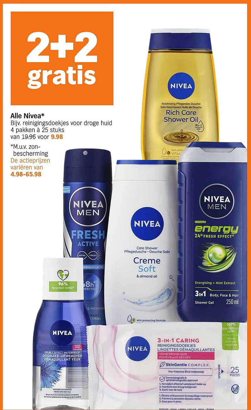 Alle Nivea* Bijv. reinigingsdoekjes voor droge huid 4 pakken à 25 stuks van 19.96 voor 9.98