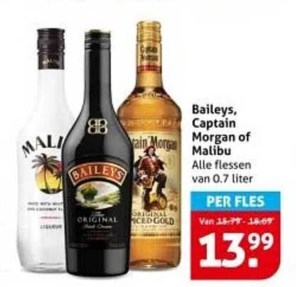Baileys, Captain Morgan of Malibu Alle flessen van 0.7 liter