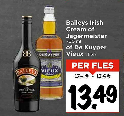 Baileys Irish Cream of Jägermeister 700 ml of De Kuyper Vieux 1 liter
