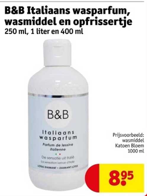 B&B Italiaans wasparfum, wasmiddel en opfrissertje 250 ml, 1 liter en 400 ml