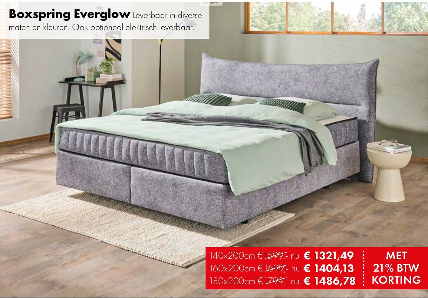 Boxspring Everglow Leverbaar in diverse maten en kleuren. Ook optioneel elektrisch leverbaar.