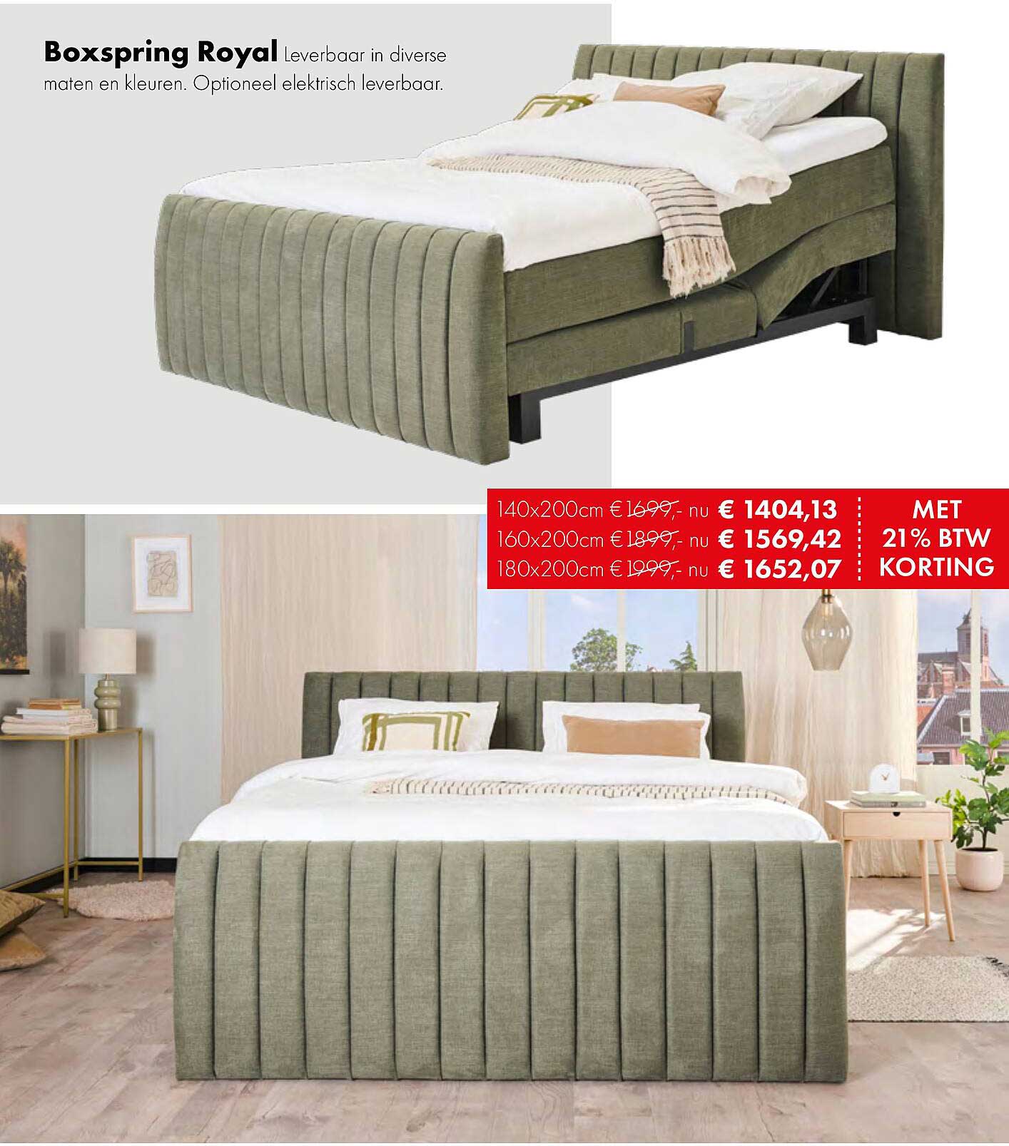 Boxspring Royal Leverbaar in diverse maten en kleuren. Optioneel elektrisch leverbaar.