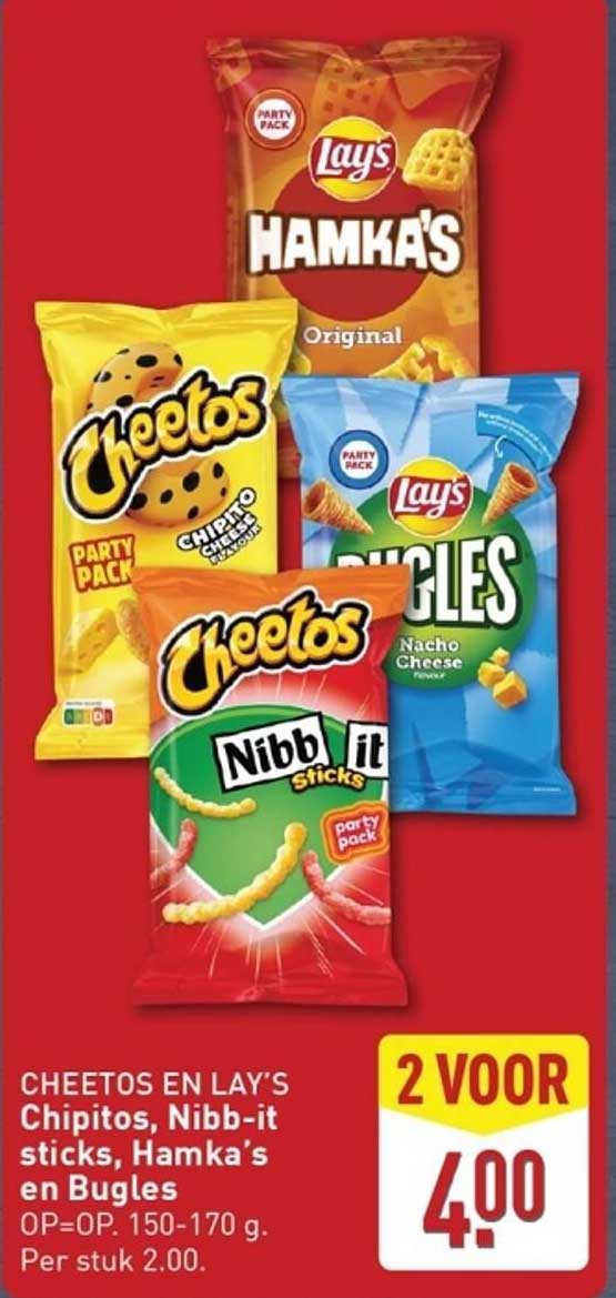 CHEETOS EN LAY'S Chipitos, Nibb-it sticks, Hamka's en Bugles