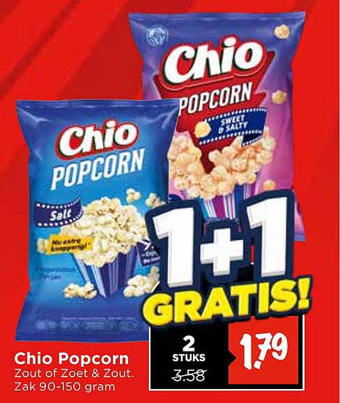 Chio Popcorn Zout of Zoet & Zout. Zak 90-150 gram