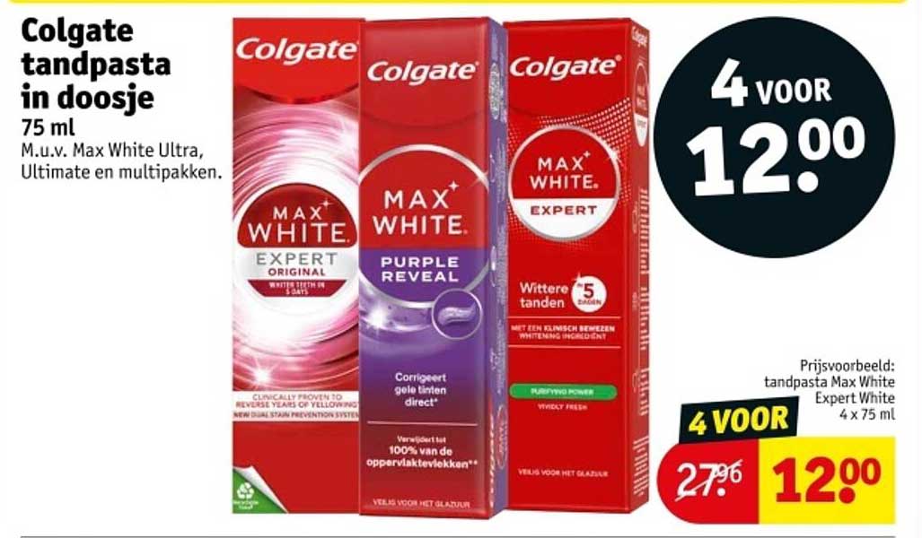 Colgate tandpasta in doosje 75 ml M.u.v. Max White Ultra, Ultimate en multipakken.