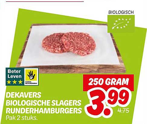 DEKAVERS BIOLOGISCHE SLAGERS RUNDERHAMBURGERS Pak 2 stuks.