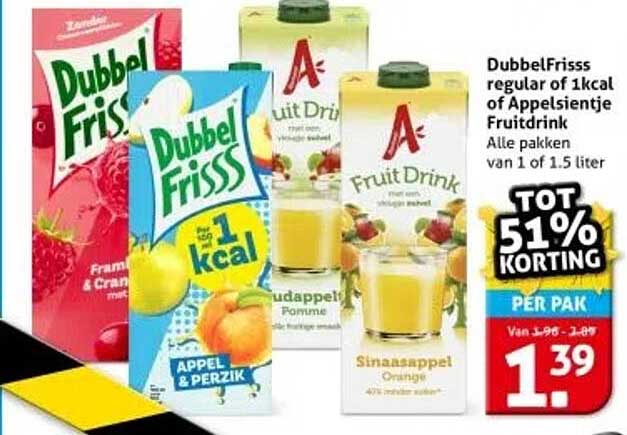 DubbelFrisss regular of 1kcal of Appelsientje Fruitdrink