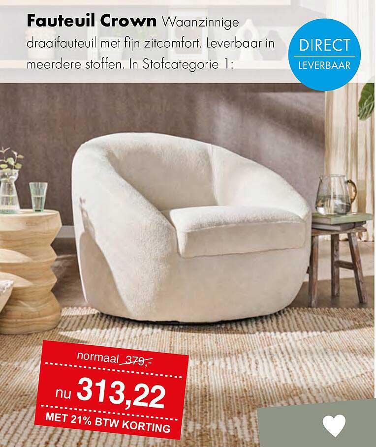 Fauteuil Crown Waanzinnige draaifauteuil met fijn zitcomfort. Leverbaar in meerdere stoffen. In Stofcategorie 1: